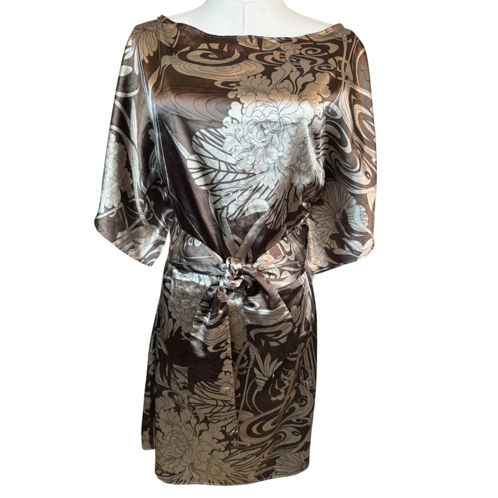 2/$30 ZARA Basic M Brown Taupe Ivory Floral Print Kimono Satiny Dress